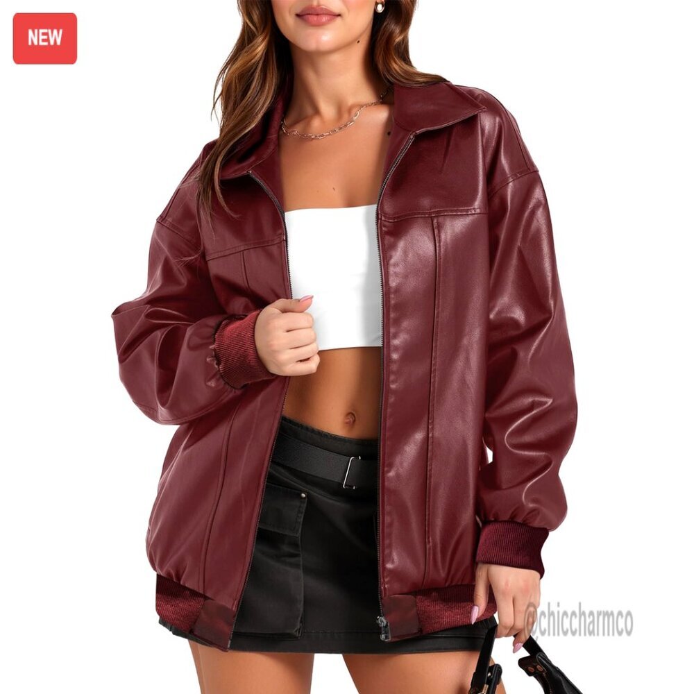 Oversized Faux Leather Bomber Jacket Moto Style Winter Coat with Pocket